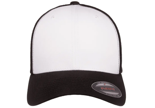Flexfit® Fitted 6511W White Front Trucker Mesh Cap with Embroidered Patch