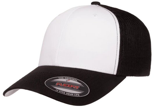 Flexfit® Fitted 6511W White Front Trucker Mesh Cap with Embroidered Patch