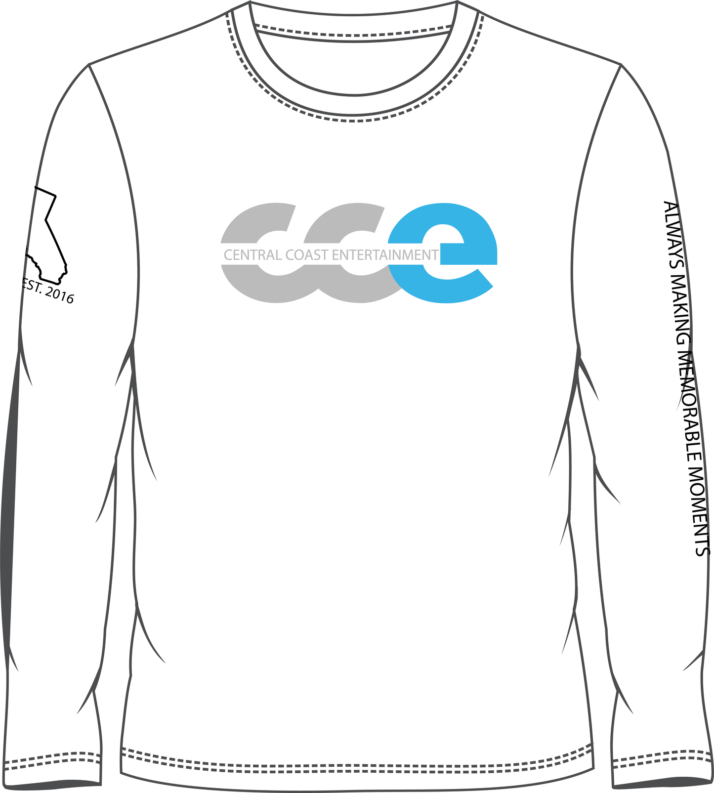 Central Coast Entertainment Long Sleeve Tees. Print Locations; Front, Right & Left Sleeve.