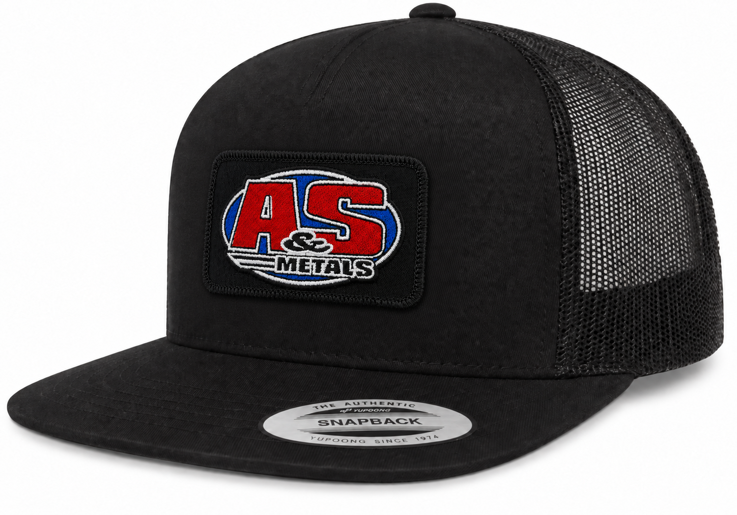 A&S METALS patch trucker cap — angle view