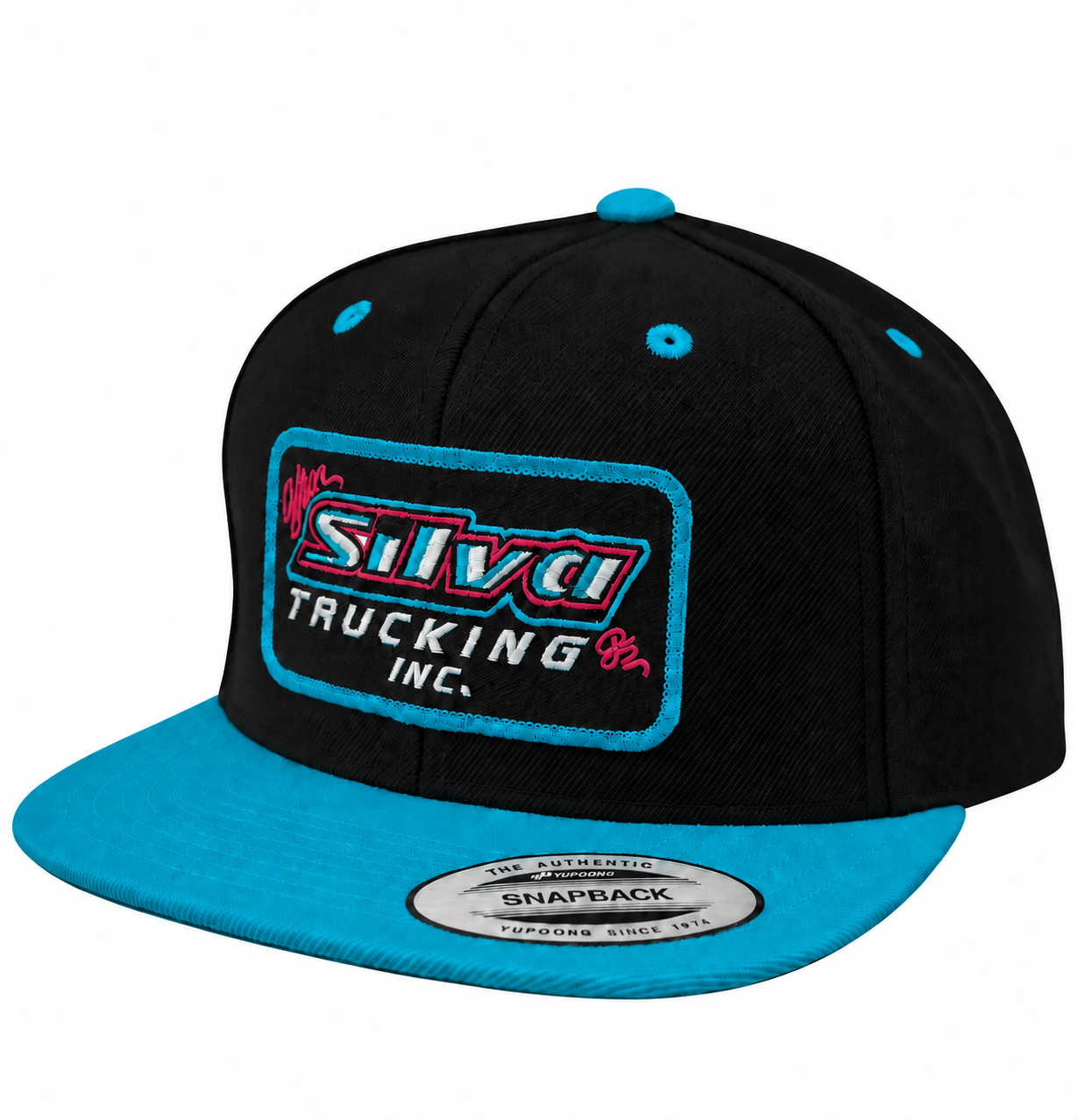 Silva Trucking black and teal embroidered patch snapback, front angle