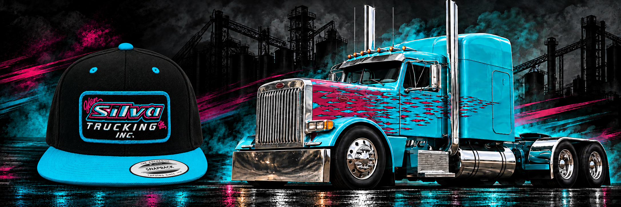 Front-view Silva Trucking hat beside turquoise and magenta custom truck